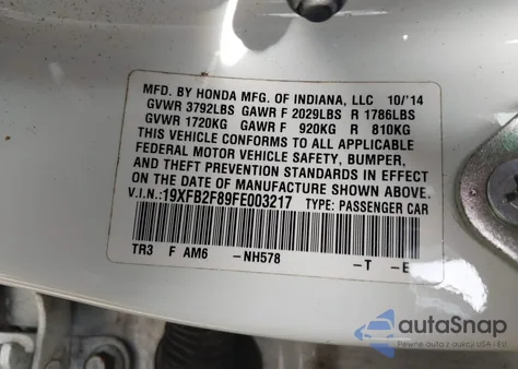 2015 Honda Civic Ex из США, поврежденный, VIN 19XFB2F89FE003217